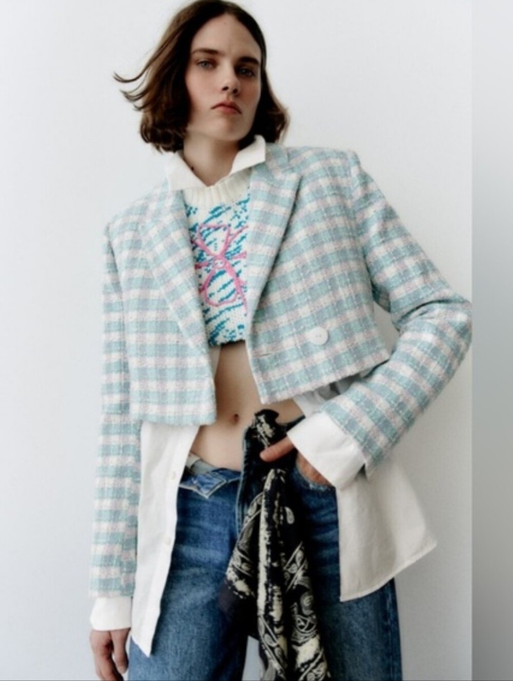 Zara Tweed Checked Plaid Cropped Blazer Size L